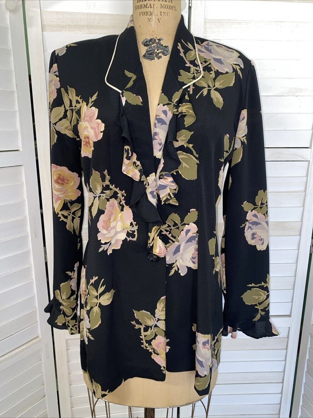 Vintage 80s Connie Anderson Audio Rayon Blazer Shrug Coat Floral Flutter Large